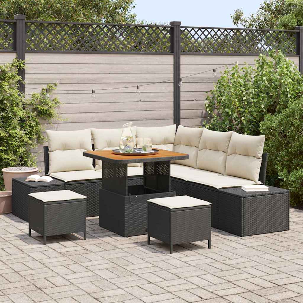vidaXL Tuinbank Set met kussen met opslag 8 pcs Zwart Poly rattan