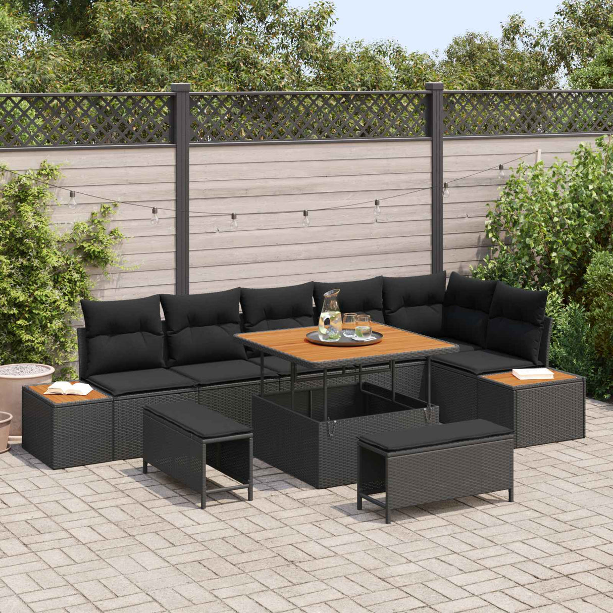vidaXL Tuinbank Set met kussen met opslag 9 pcs Zwart Poly rattan
