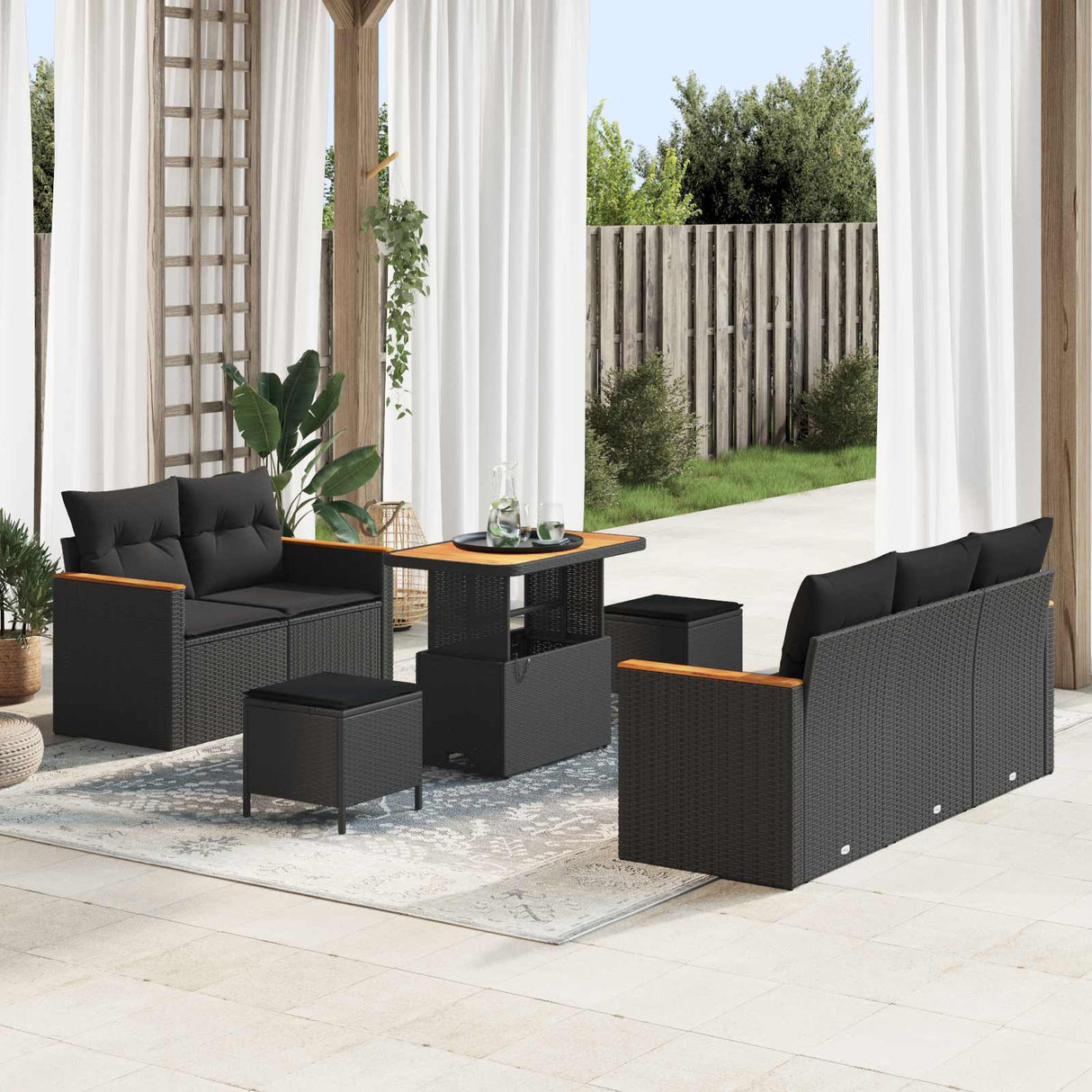 vidaXL Tuinbank Set met kussen 10 pcs Zwart poly rattan