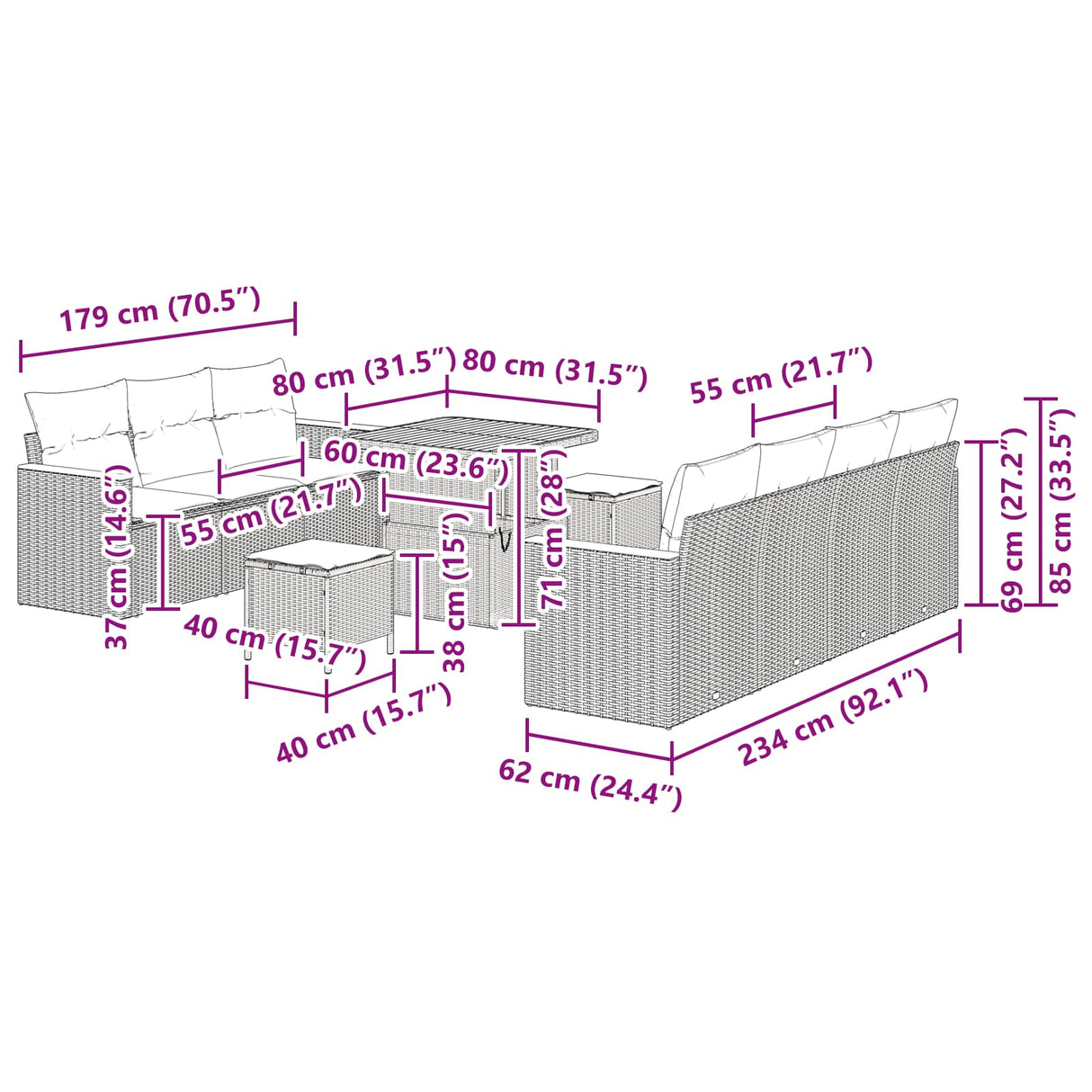 vidaXL Tuinbank Set met kussen 14 pcs Zwart poly rattan