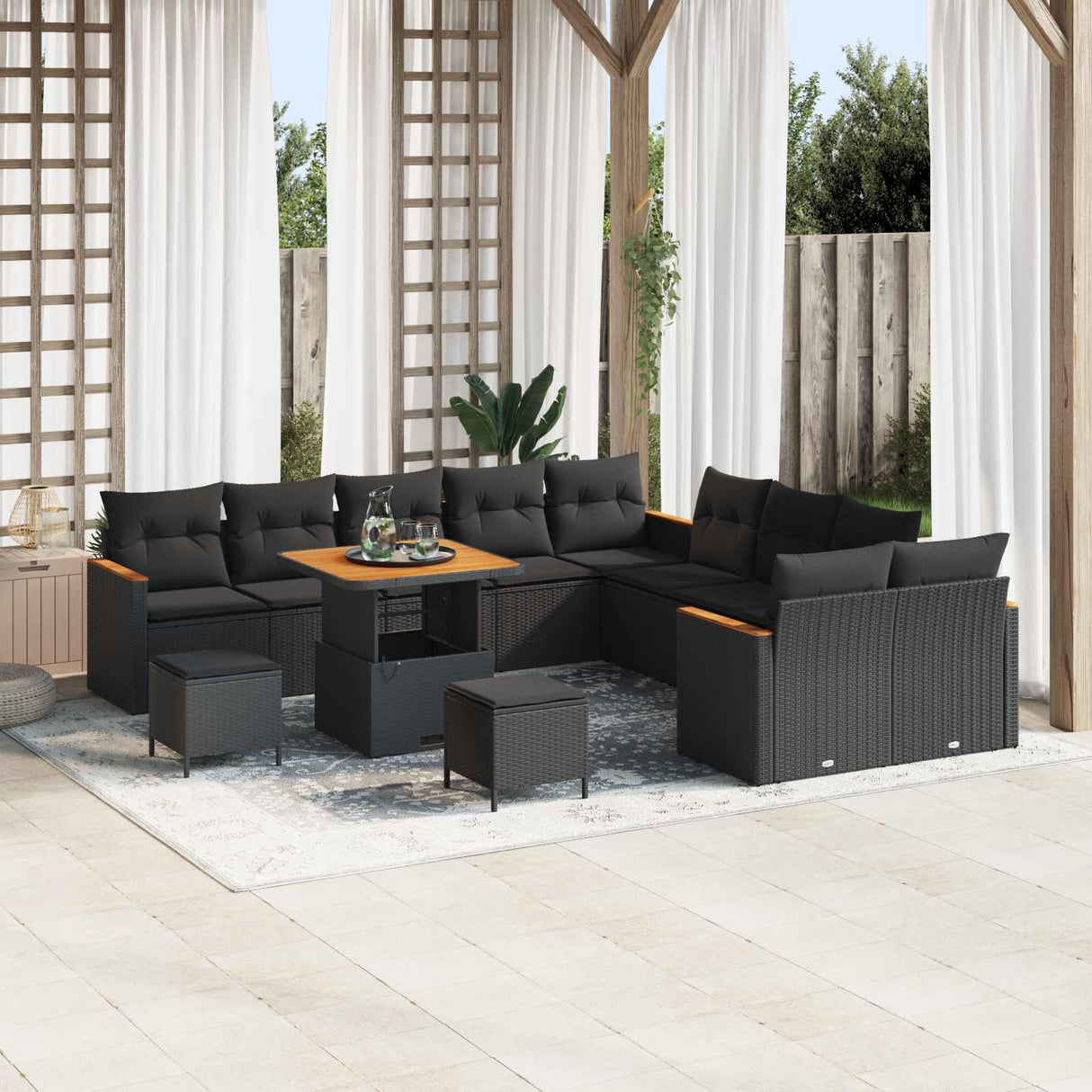 vidaXL Tuinbank Set met kussen 13 pcs Zwart poly rattan