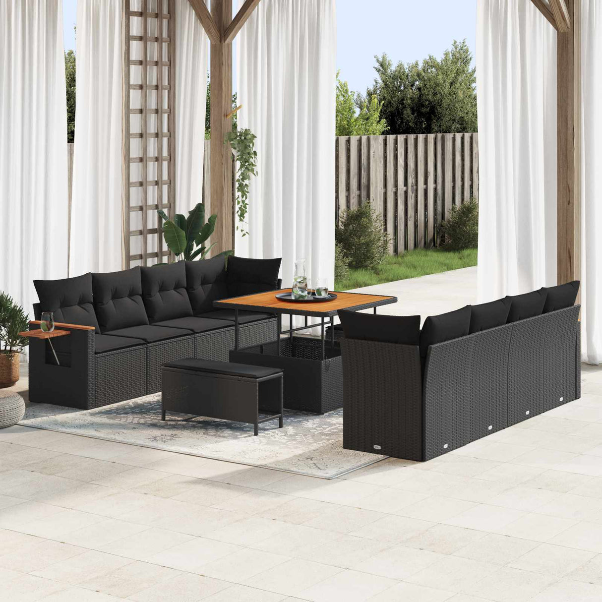 vidaXL Tuinbank Set met kussen 12 pcs Zwart poly rattan