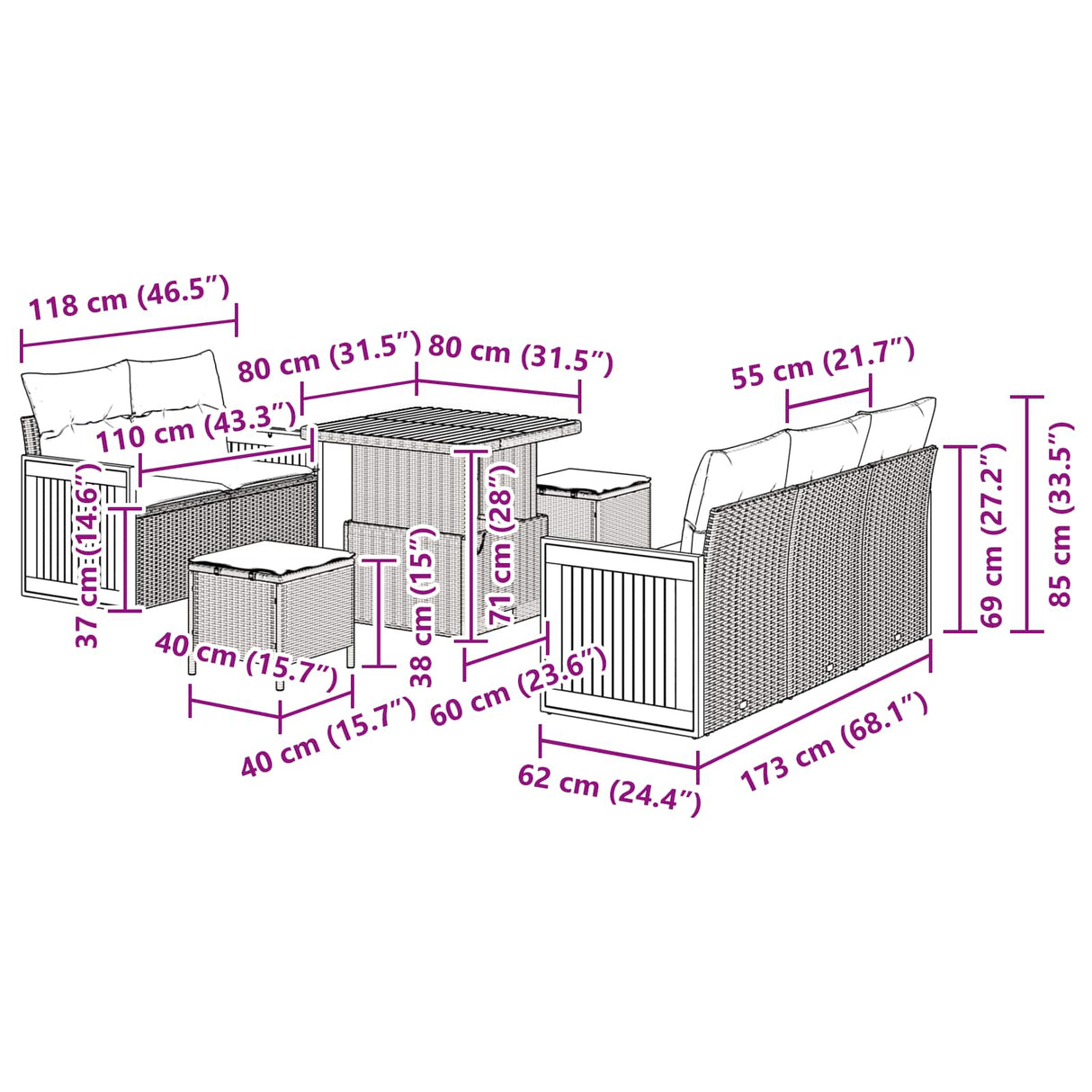 vidaXL Tuinbank Set met kussen 10 pcs Zwart poly rattan