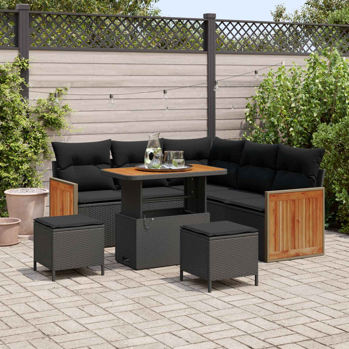 vidaXL Tuinbank Set met kussen 9 pcs Zwart poly rattan