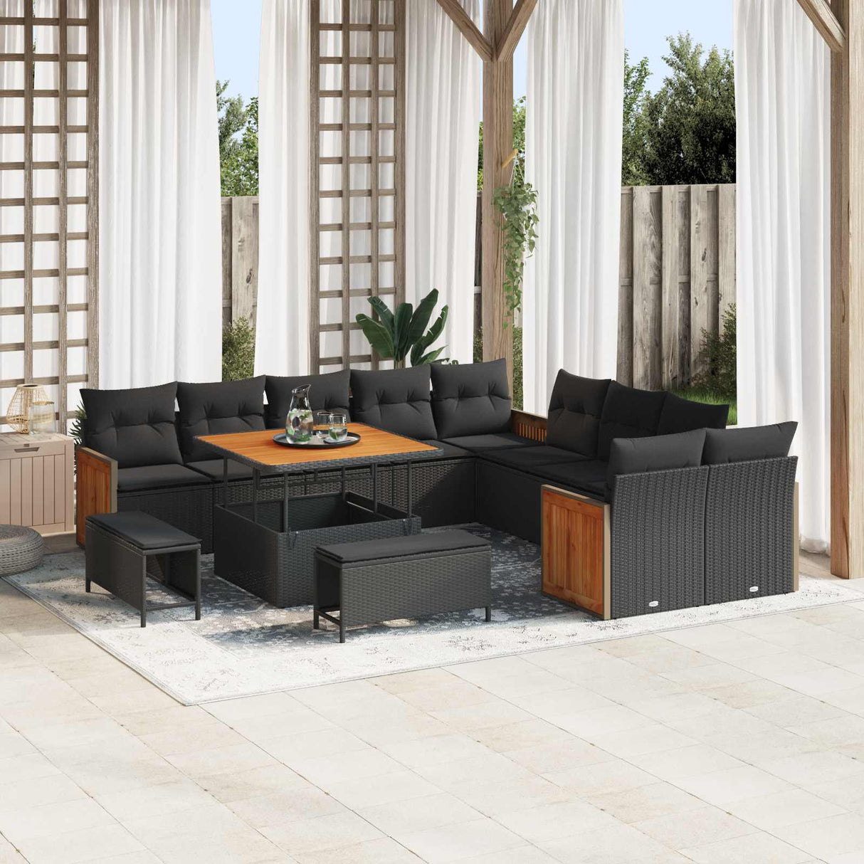 vidaXL Tuinbank Set met kussen 17 pcs Zwart poly rattan