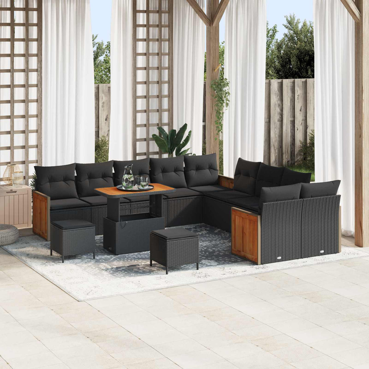 vidaXL Tuinbank Set met kussen 17 pcs Zwart poly rattan