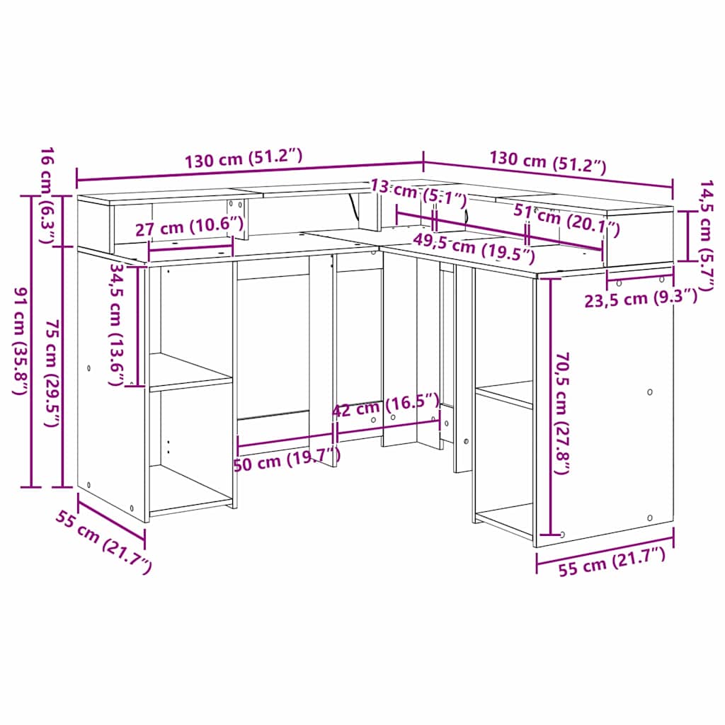 vidaXL Bureau met LED-verlichting 130x130x91 cm bewerkt hout wit