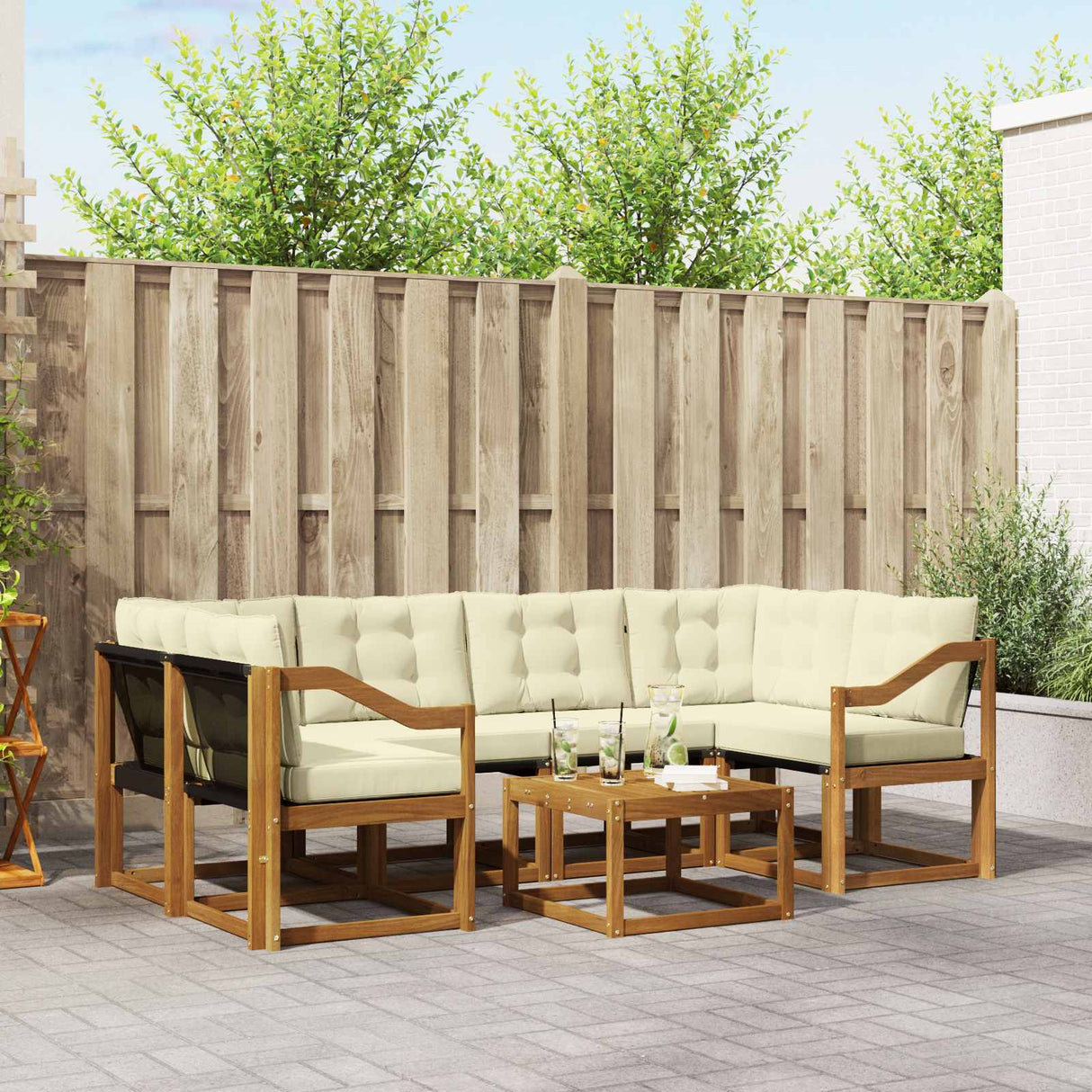 vidaXL Buiten bank set met kussen 7 pcs Natuurlijk en Crème