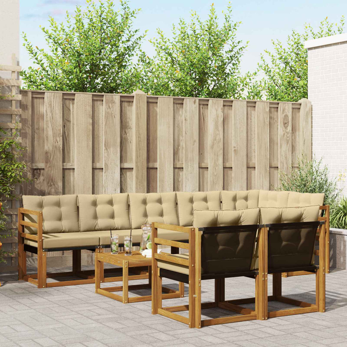 vidaXL Buiten bank set met kussen 9 pcs Natuurlijk en Crème