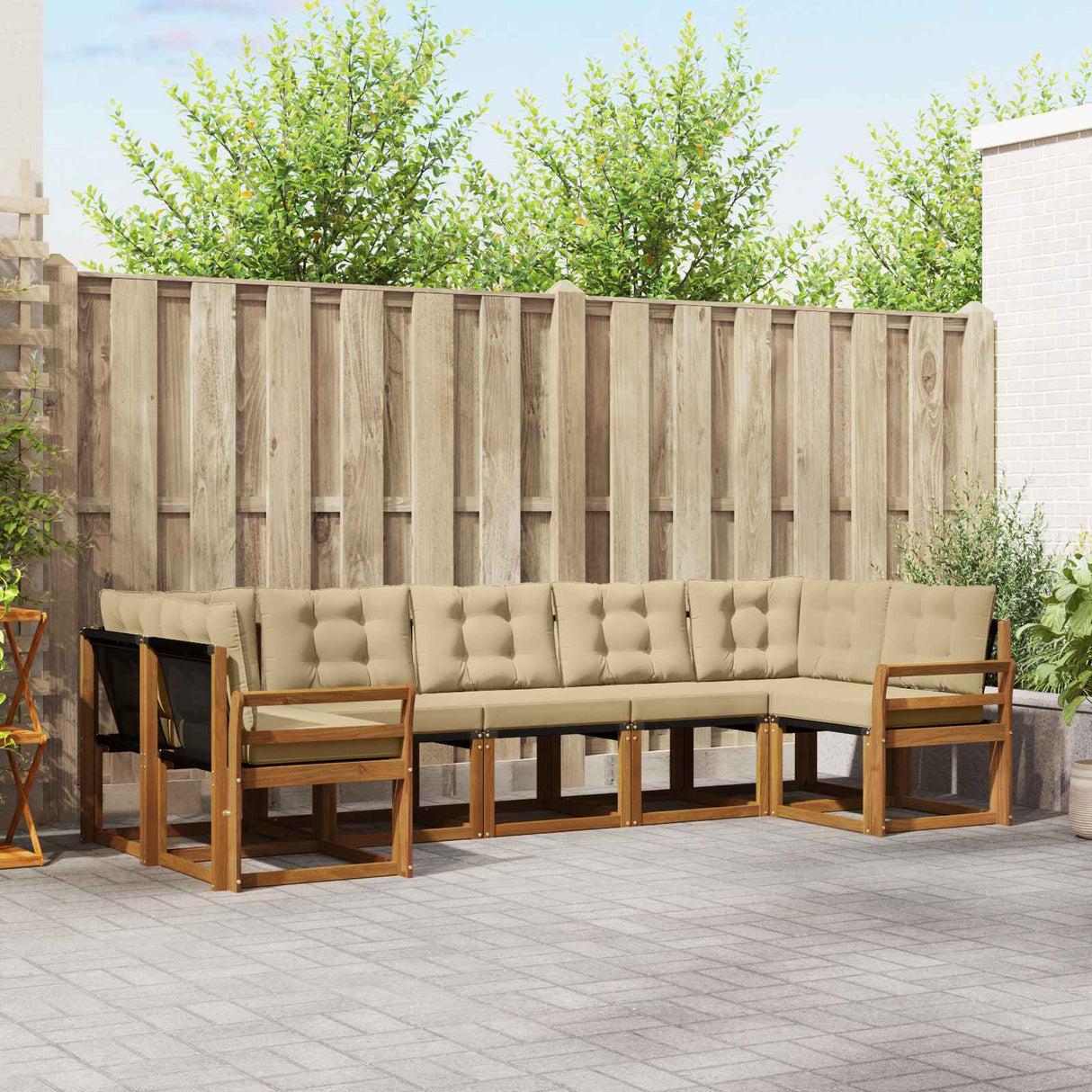 vidaXL Buiten bank set met kussen 7 pcs Natuurlijk en Crème