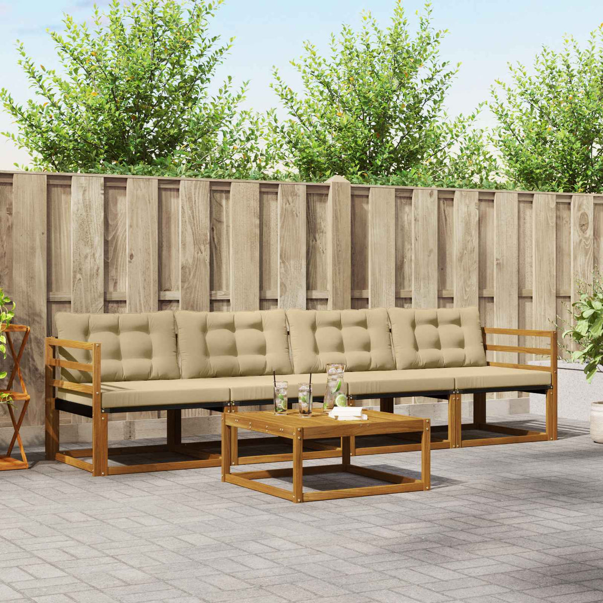 vidaXL Buiten bank set met kussen 5 pcs Natuurlijk en Crème