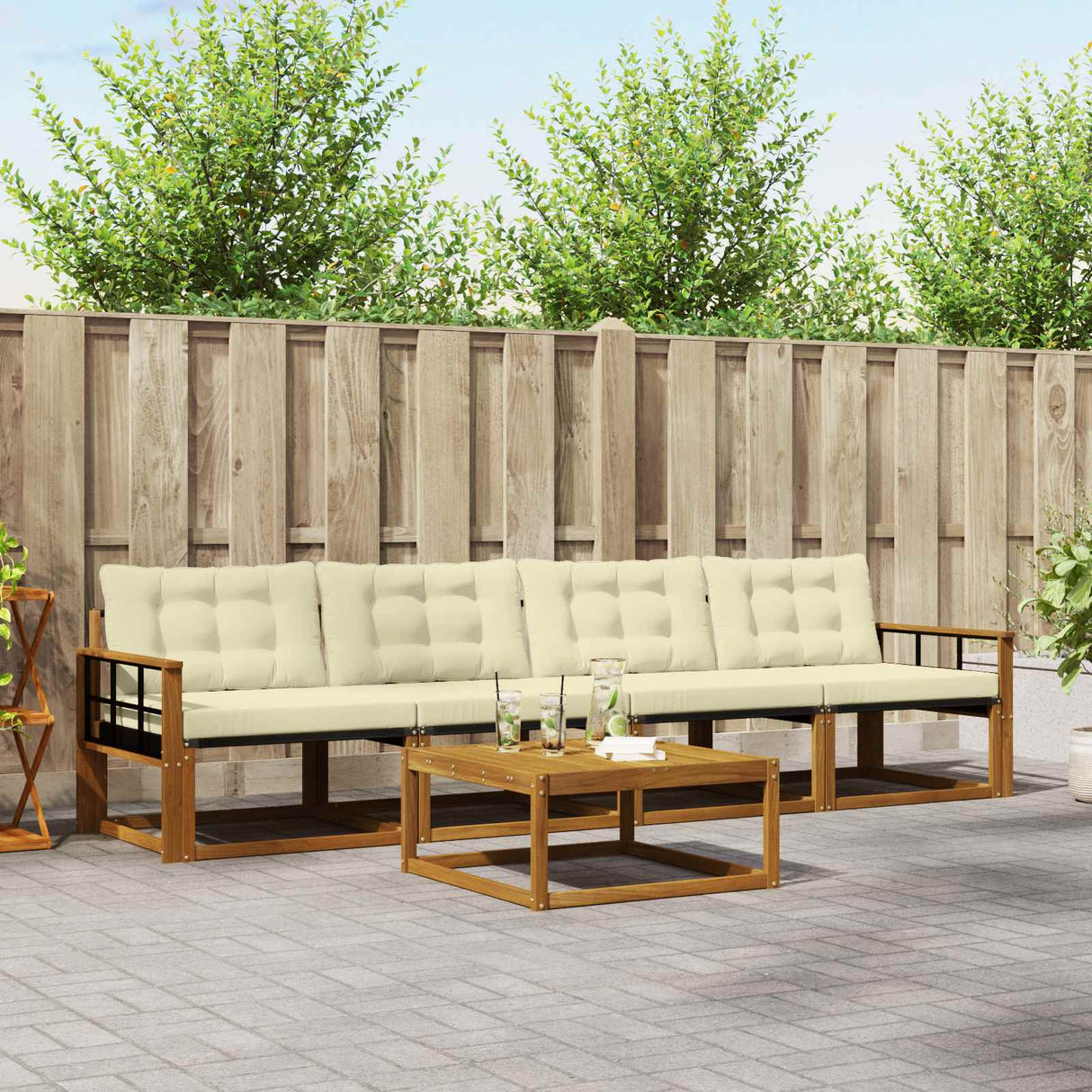 vidaXL Buiten bank set met kussen 5 pcs Natuurlijk en Crème