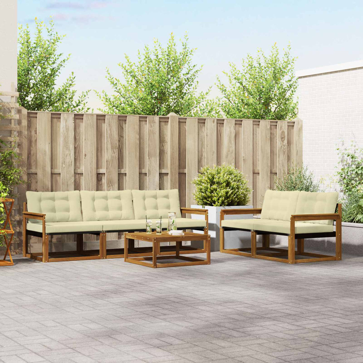vidaXL Buiten bank set met kussen 6 pcs Natuurlijk en Crème