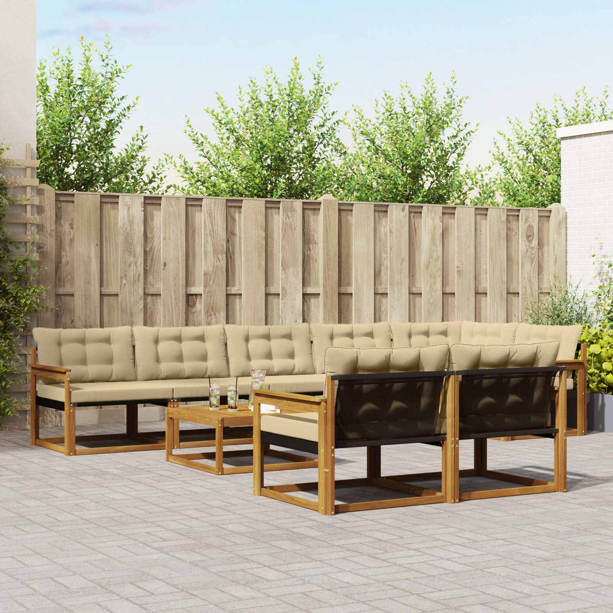 vidaXL Buiten bank set met kussen 9 pcs Natuurlijk en Crème