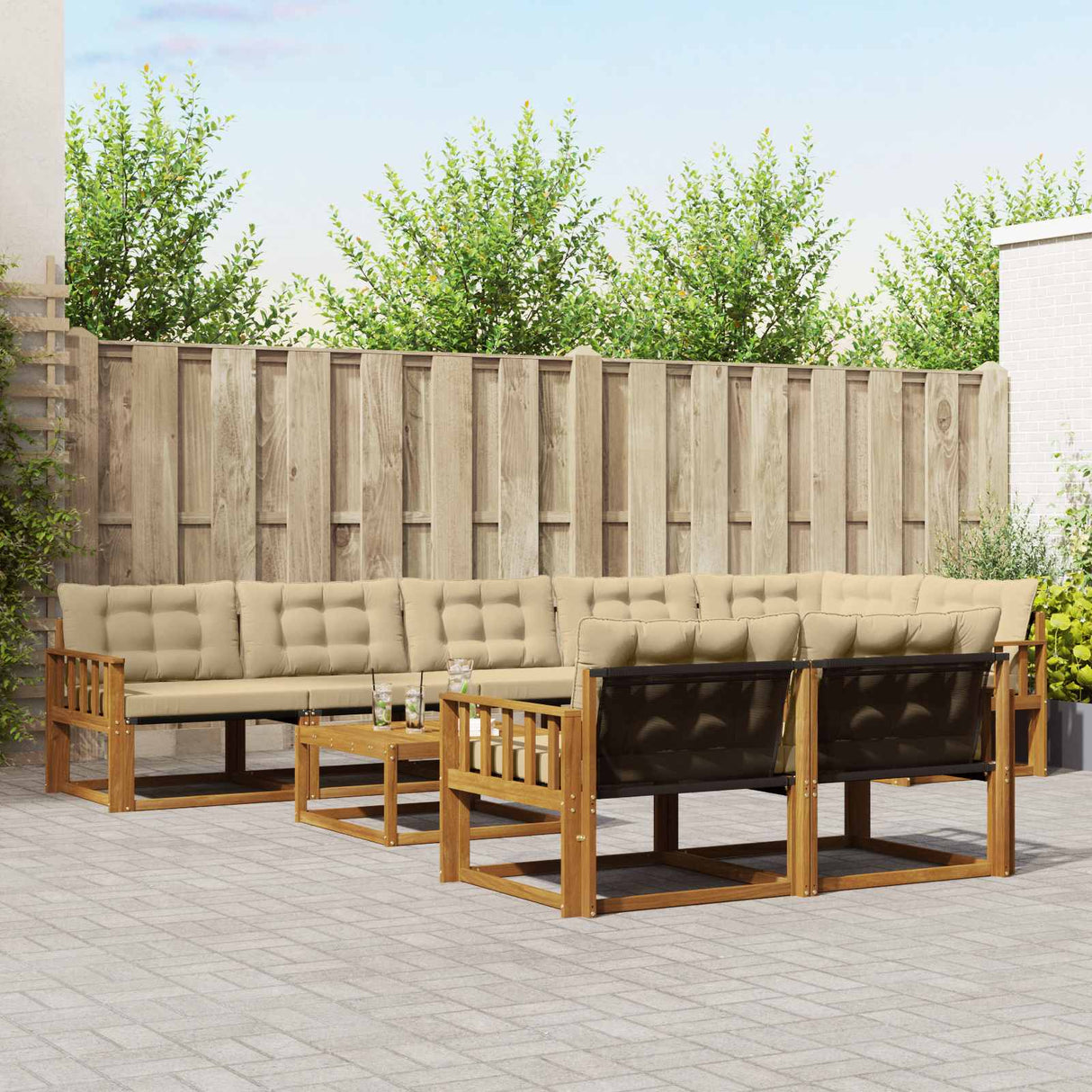 vidaXL Buiten bank set met kussen 9 pcs Natuurlijk en Crème