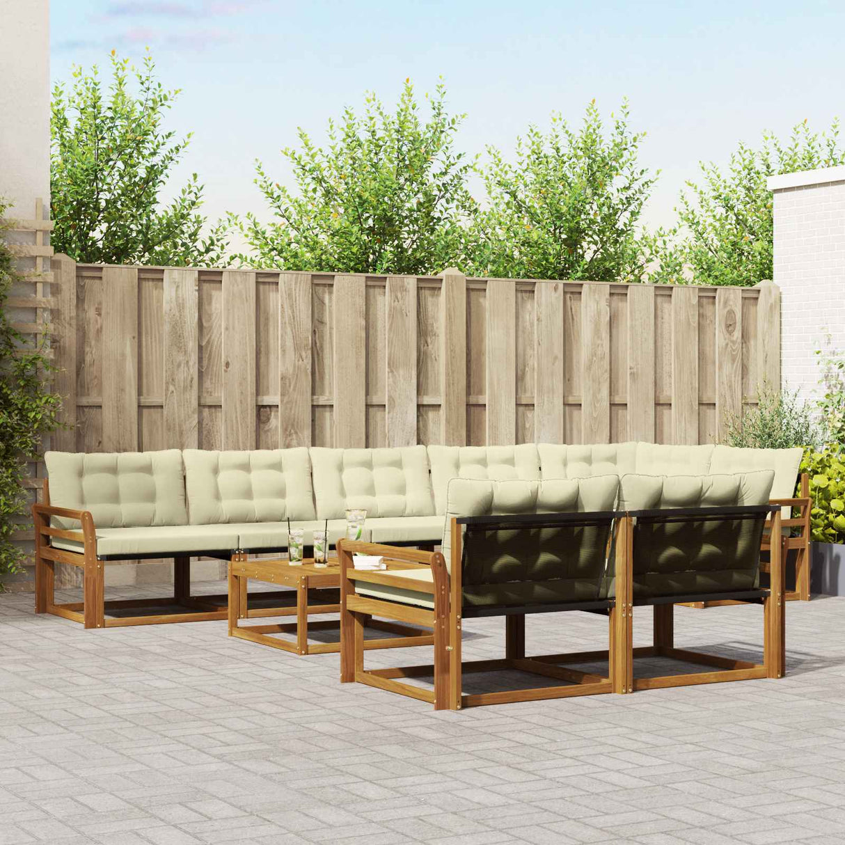 vidaXL Buiten bank set met kussen 9 pcs Natuurlijk en Crème