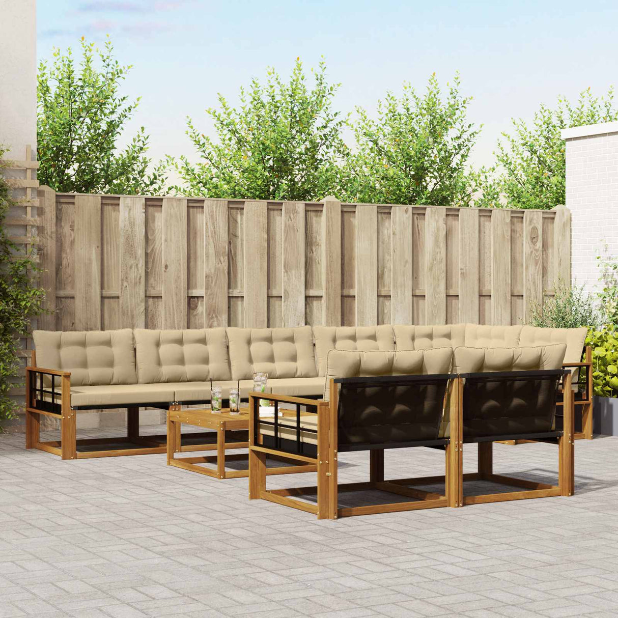 vidaXL Buiten bank set met kussen 9 pcs Natuurlijk en Crème