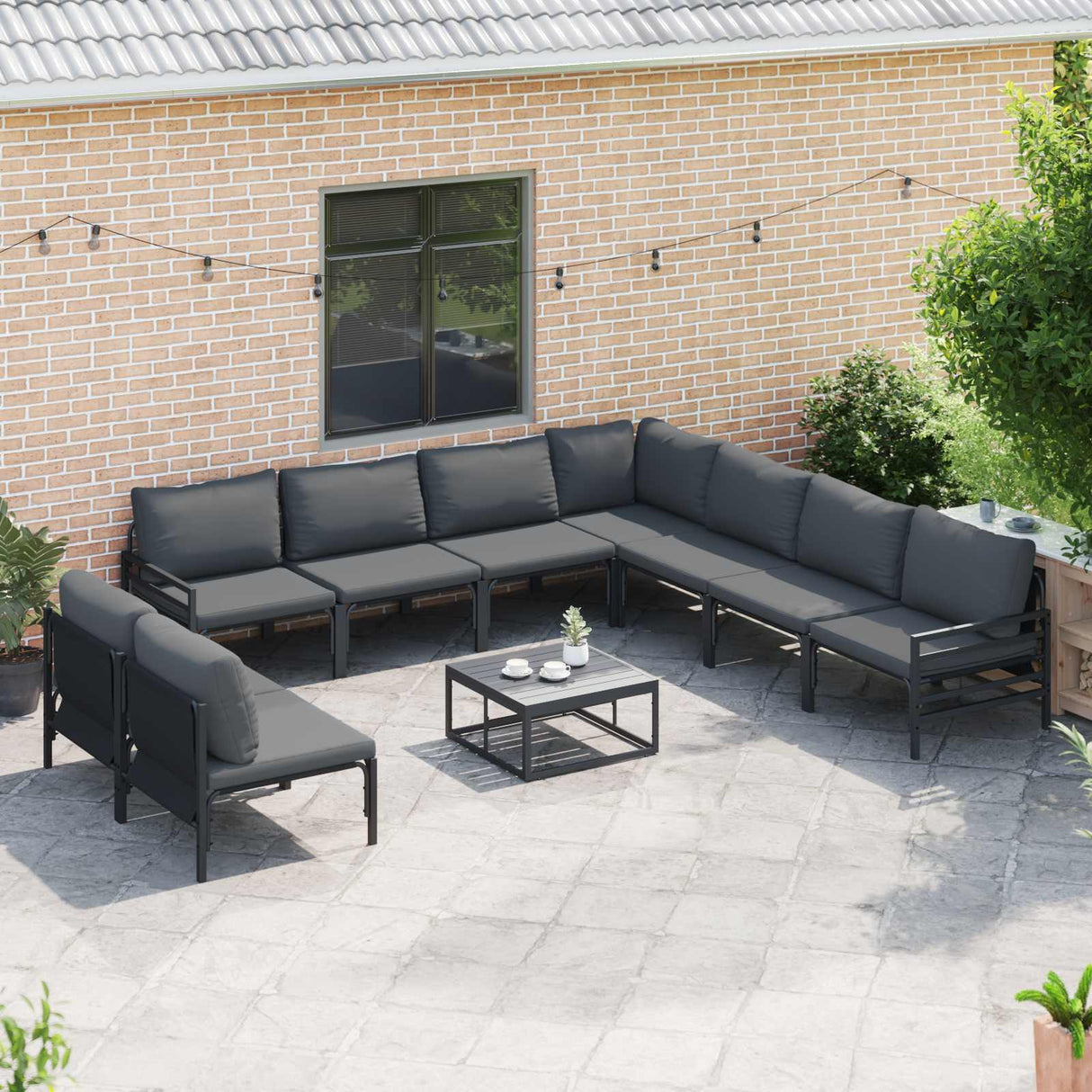 vidaXL Tuinbank Set met kussen 9 pcs Zwart Staal