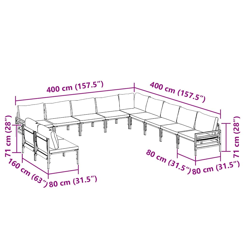 vidaXL Tuinbank Set met kussen 11 pcs Zwart Staal