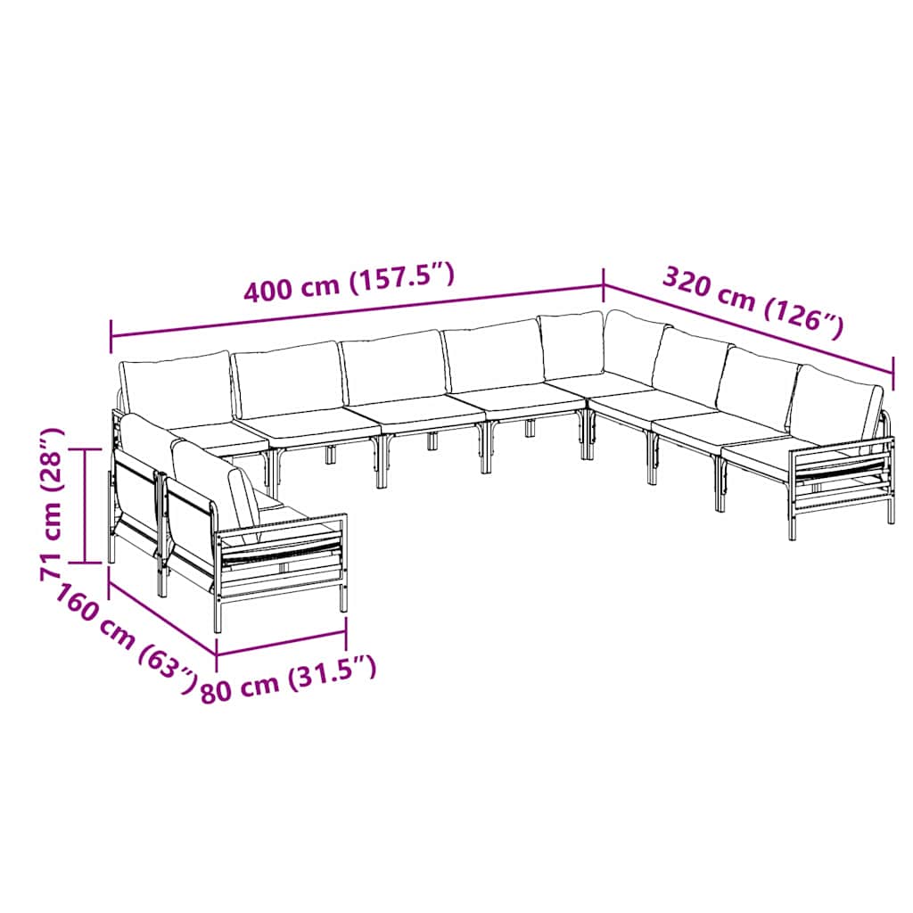 vidaXL Tuinbank Set met kussen 10 pcs Zwart Staal