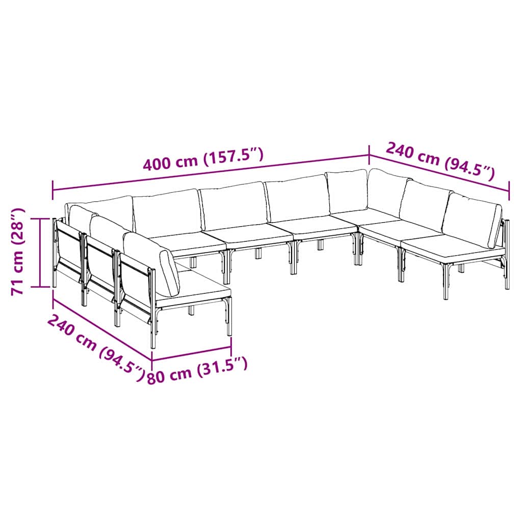 vidaXL Garden Bench Set with Cushion 9 pcs Black Steel