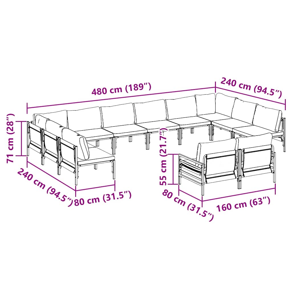 vidaXL Tuinbank Set met kussen 12 pcs Zwart Staal
