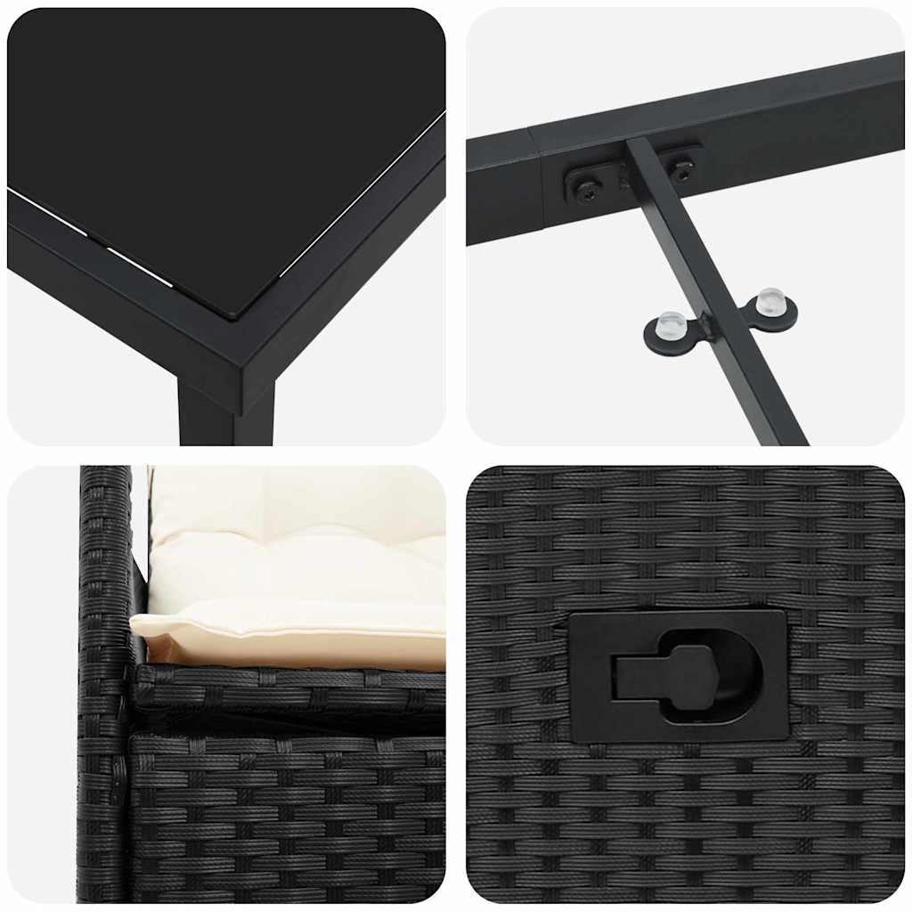 vidaXL Tuin Eettafel Set met kussen 3 pcs Zwart poly rattan