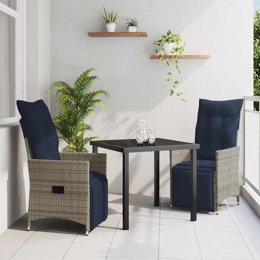 vidaXL Table and Chairs Set with Cushion 3 pcs Grey PE Rattan