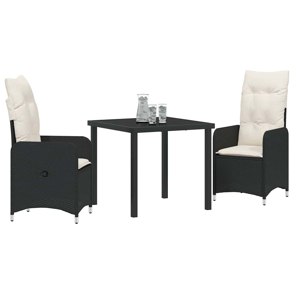 vidaXL Tuin Eettafel Set met kussen 3 pcs Zwart poly rattan