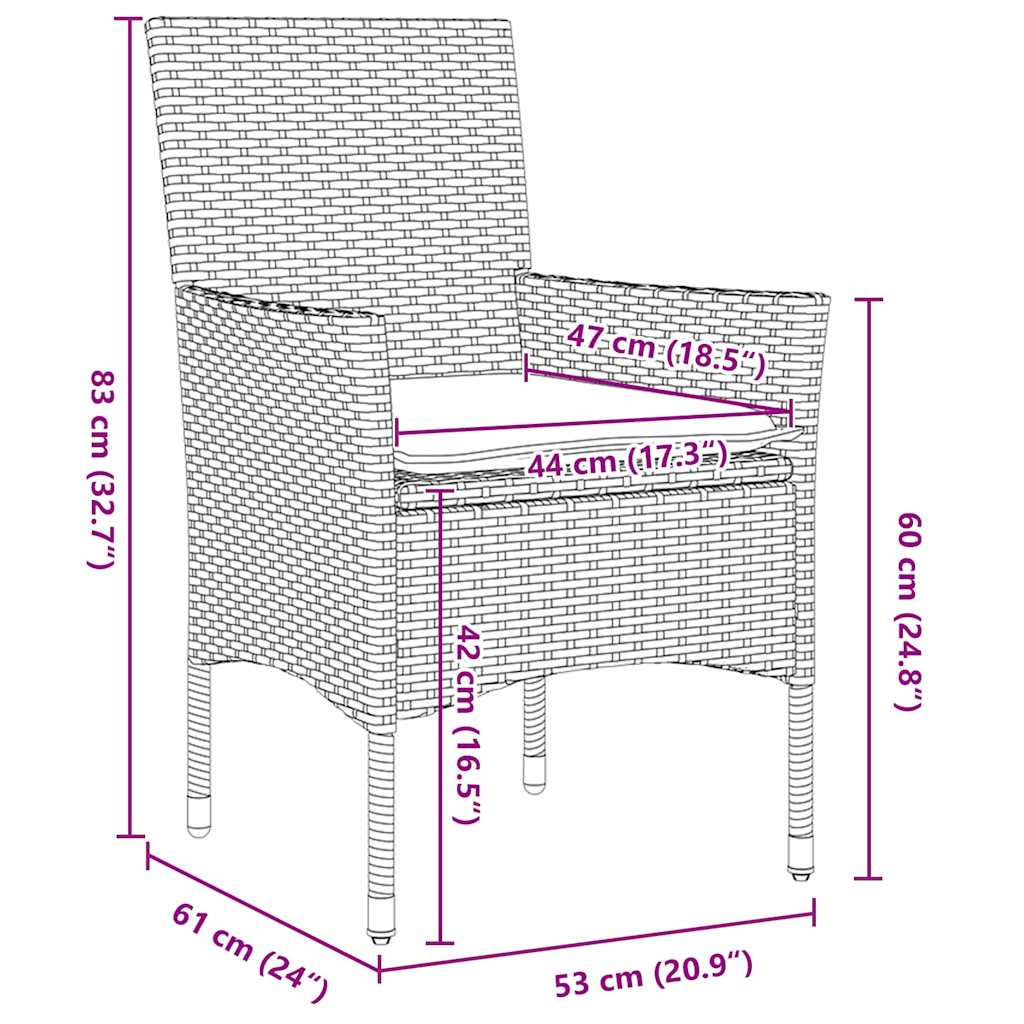 vidaXL Tuin Eettafel Set met kussen 3 pcs Zwart poly rattan