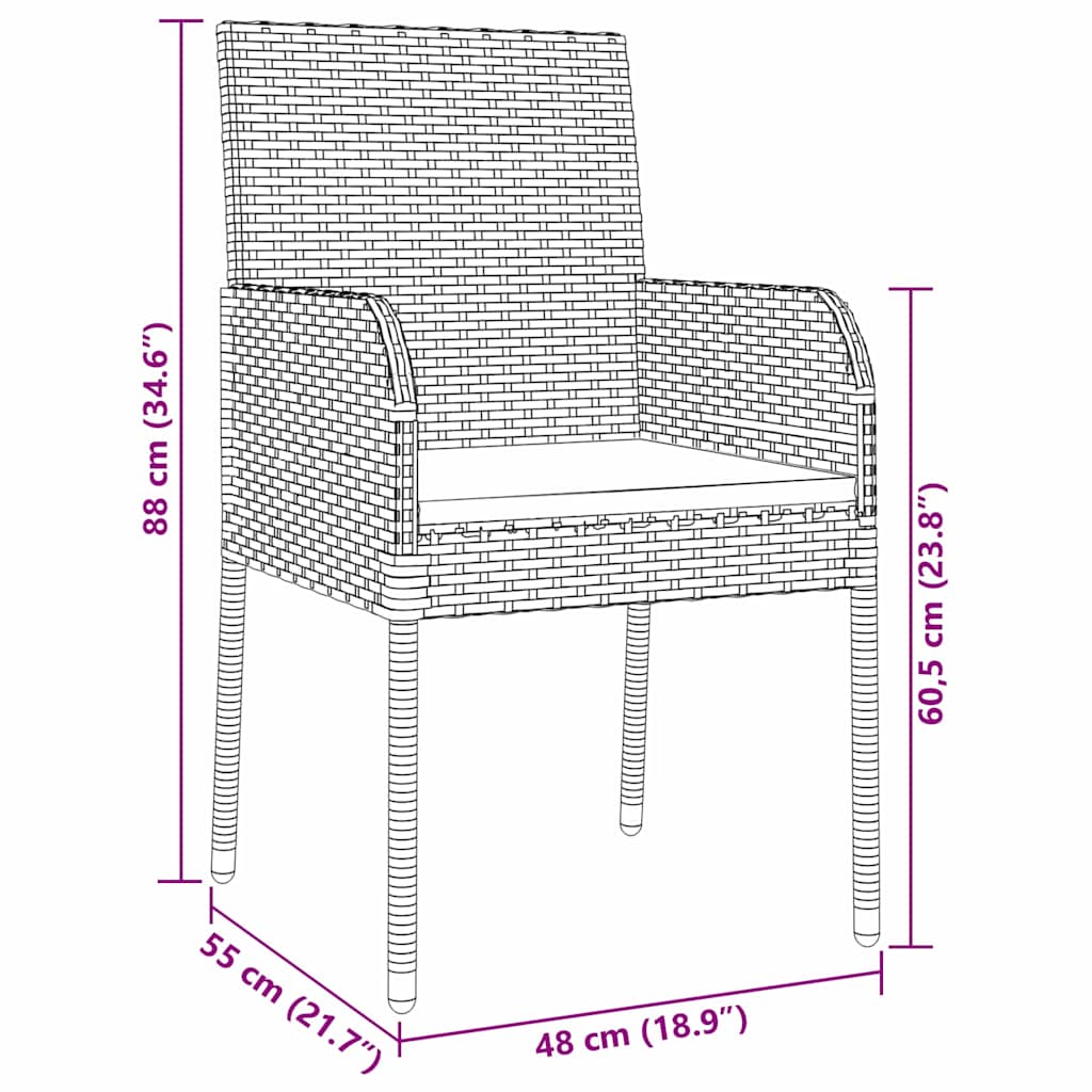 vidaXL Tuin Eettafel Set met kussen 3 pcs Zwart poly rattan