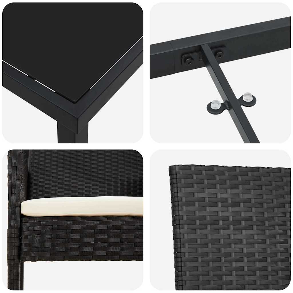 vidaXL Tuin Eettafel Set met kussen 3 pcs Zwart poly rattan