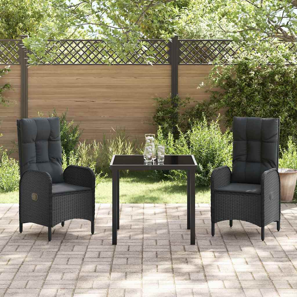 vidaXL Tuin Eettafel Set met kussen 3 pcs Zwart poly rattan