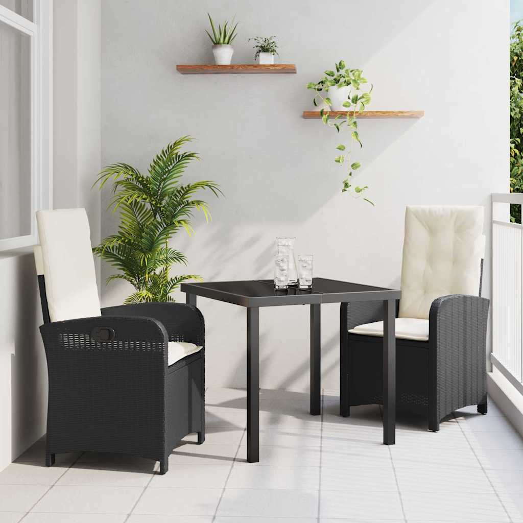 vidaXL Tuin Eettafel Set met kussen 3 pcs Zwart poly rattan