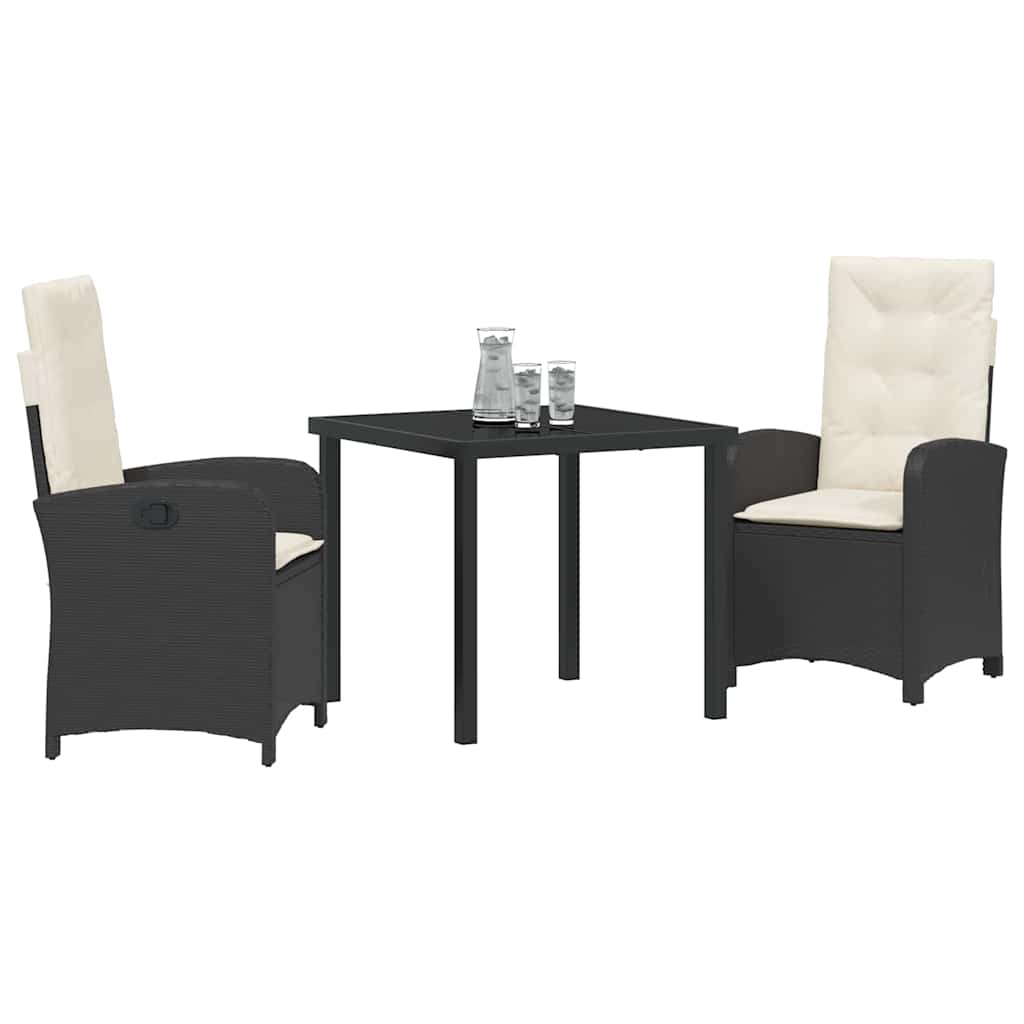 vidaXL Tuin Eettafel Set met kussen 3 pcs Zwart poly rattan