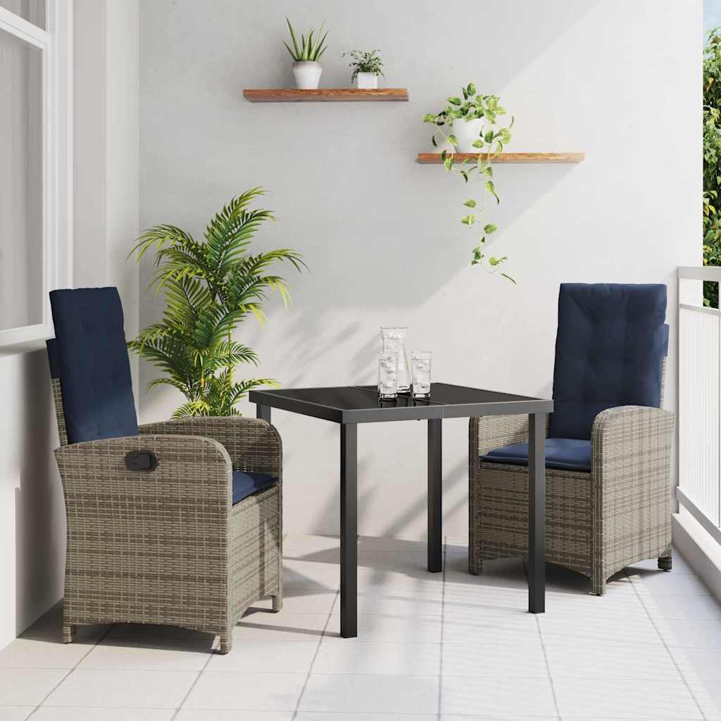 vidaXL Tuin Eettafel Set met kussen 3 pcs Grijs poly rattan