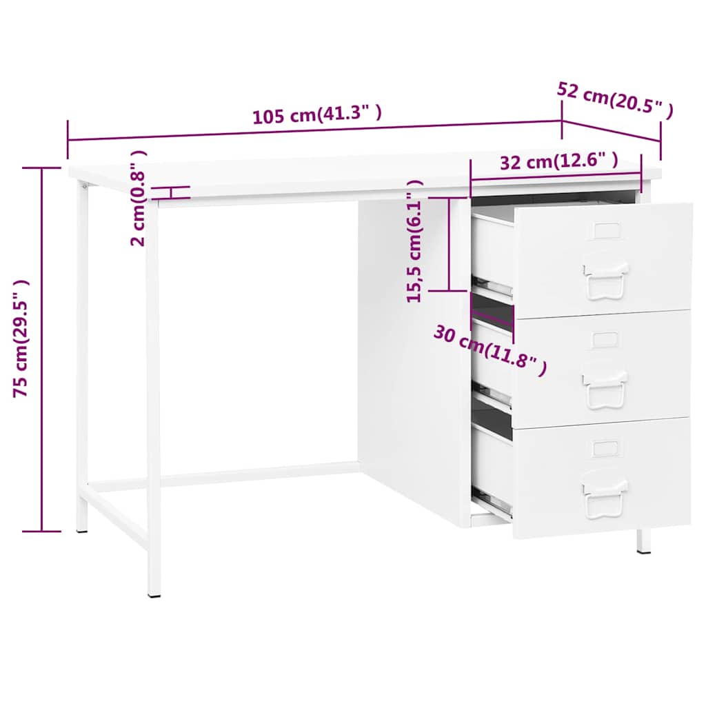 vidaXL Industrial Desk with Drawers 105x52x75 cm Steel White