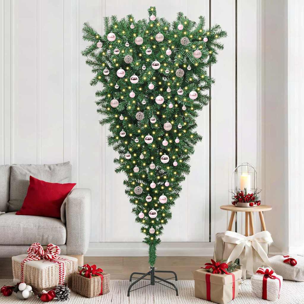 vidaXL Ondersteboven Kunstmatige Voorgelichte Kerstboom Groen 180 cm