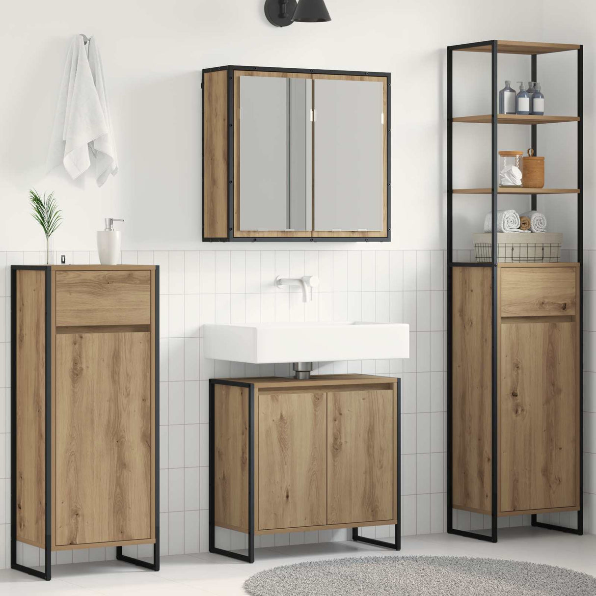 vidaXL Badkamermeubel Set met lade met plank Zwart Eiken Bewerkt hout