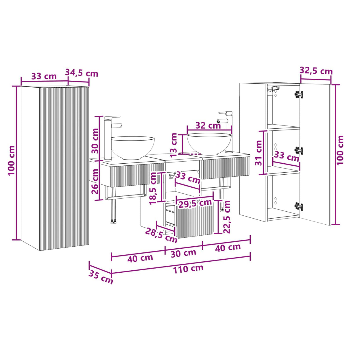 vidaXL Badkamermeubel Set 5 st Wit 33 x 34,5 x 100 cm Bewerkt hout