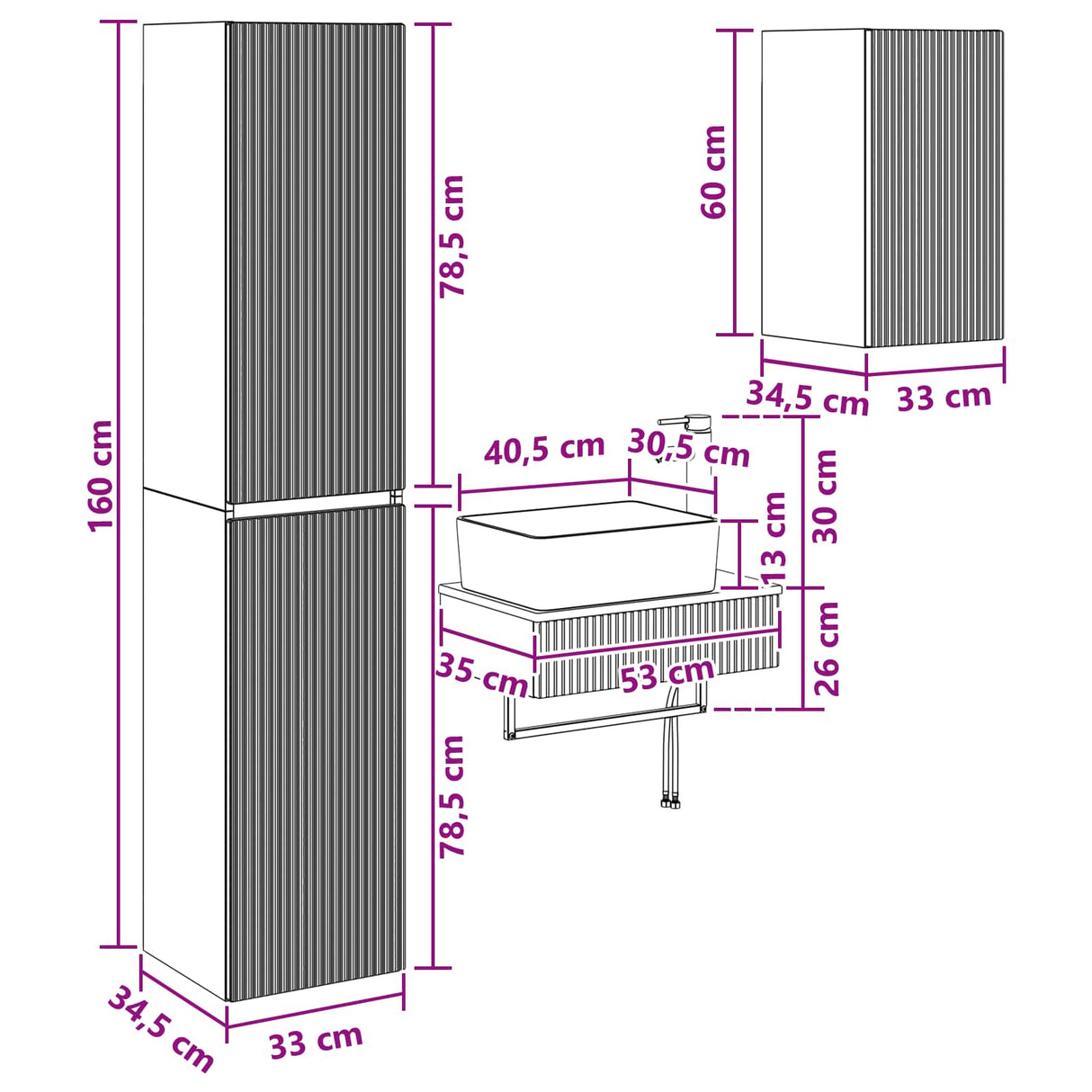 vidaXL Bathroom Cabinet Set 3 pcs White 33 x 34.5 x 160 cm Engineered Wood