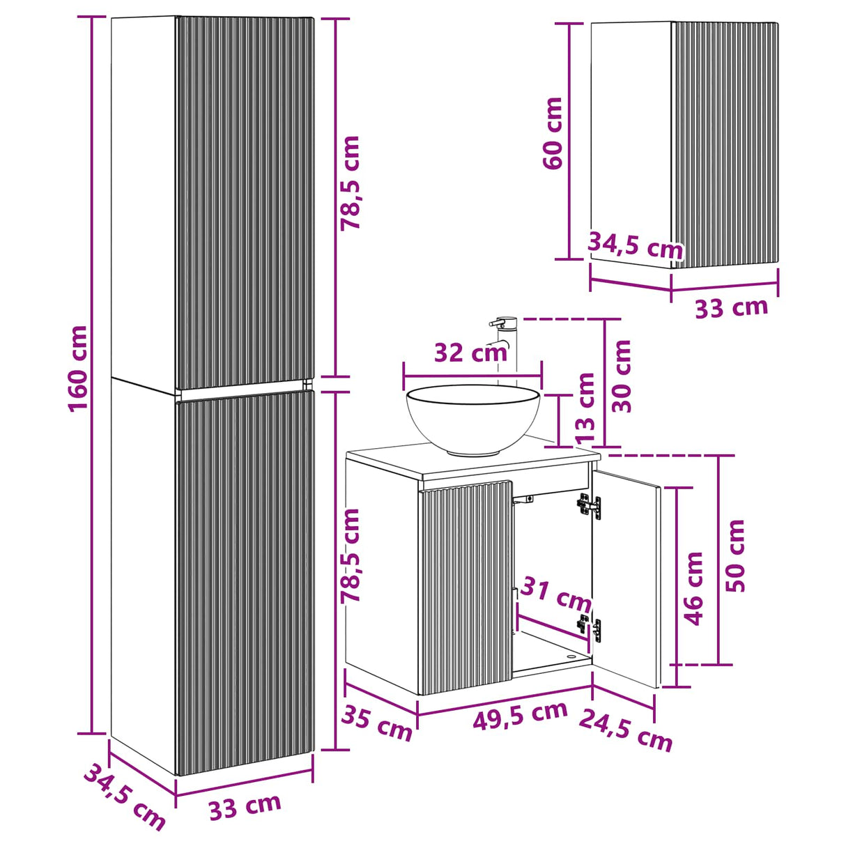 vidaXL Badkamermeubel Set 3 st Wit 33 x 34,5 x 160 cm Bewerkt hout