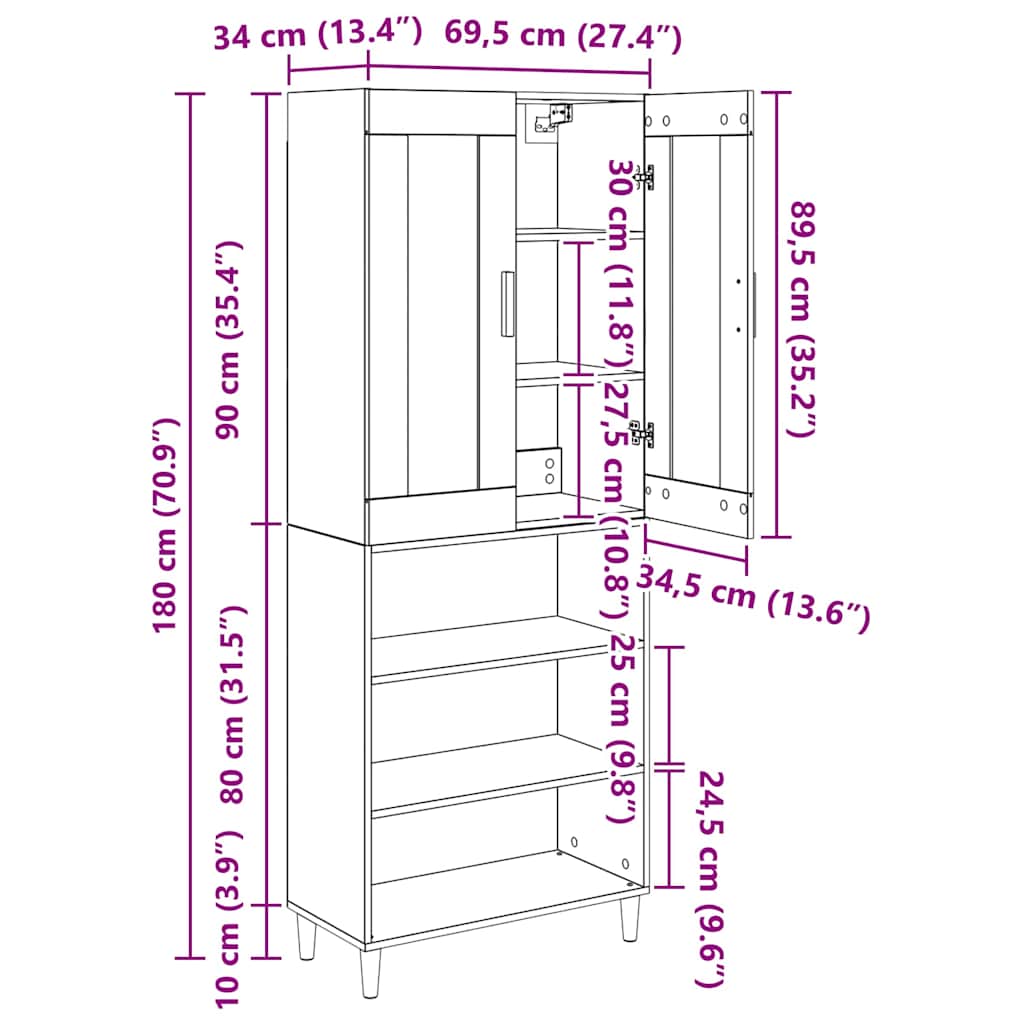 vidaXL Highboard Old Wood 69.5 x 34 x 180 cm Engineered Wood and Glass