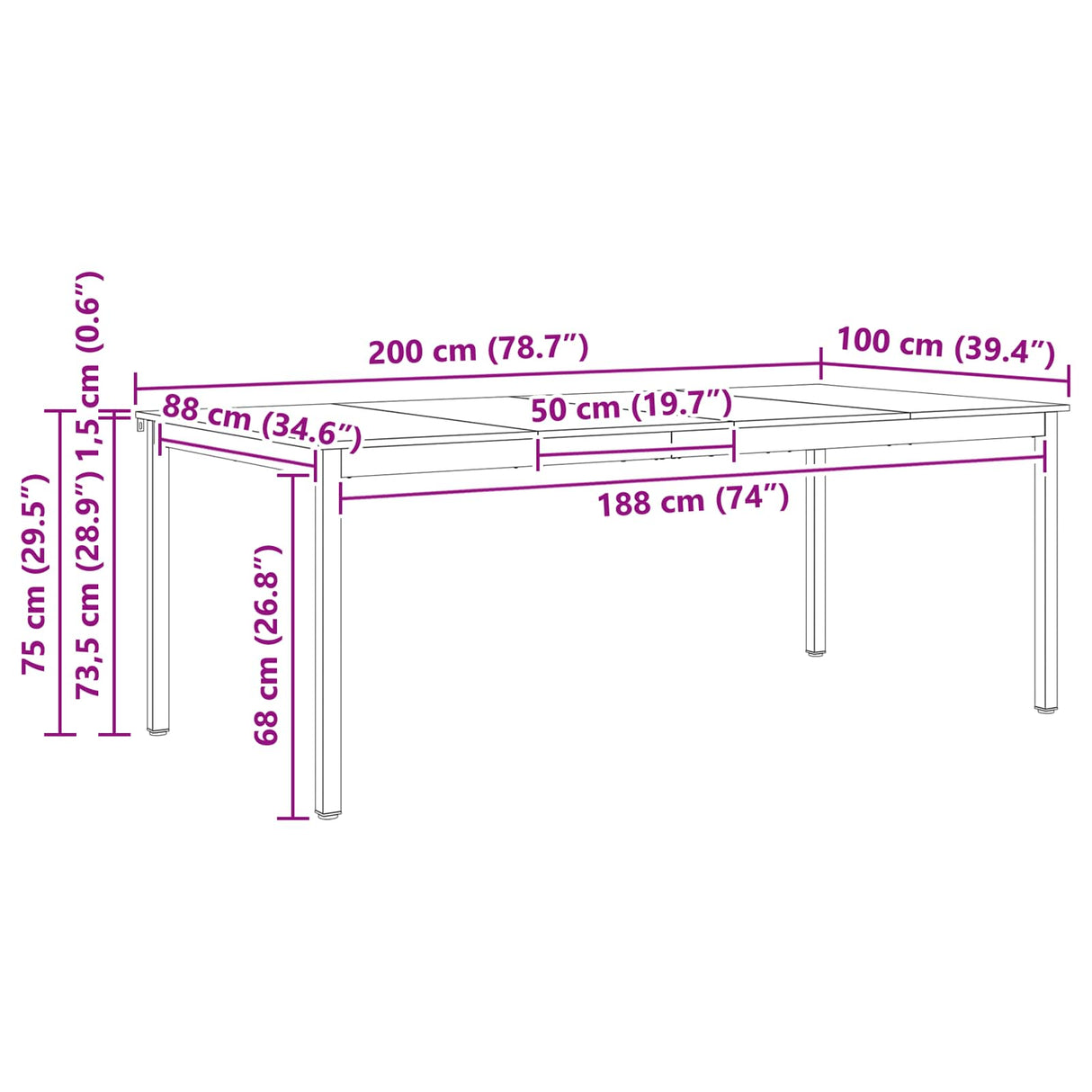 vidaXL Eettafel Naturel 200 x 100 x 75 cm Massief grenenhout
