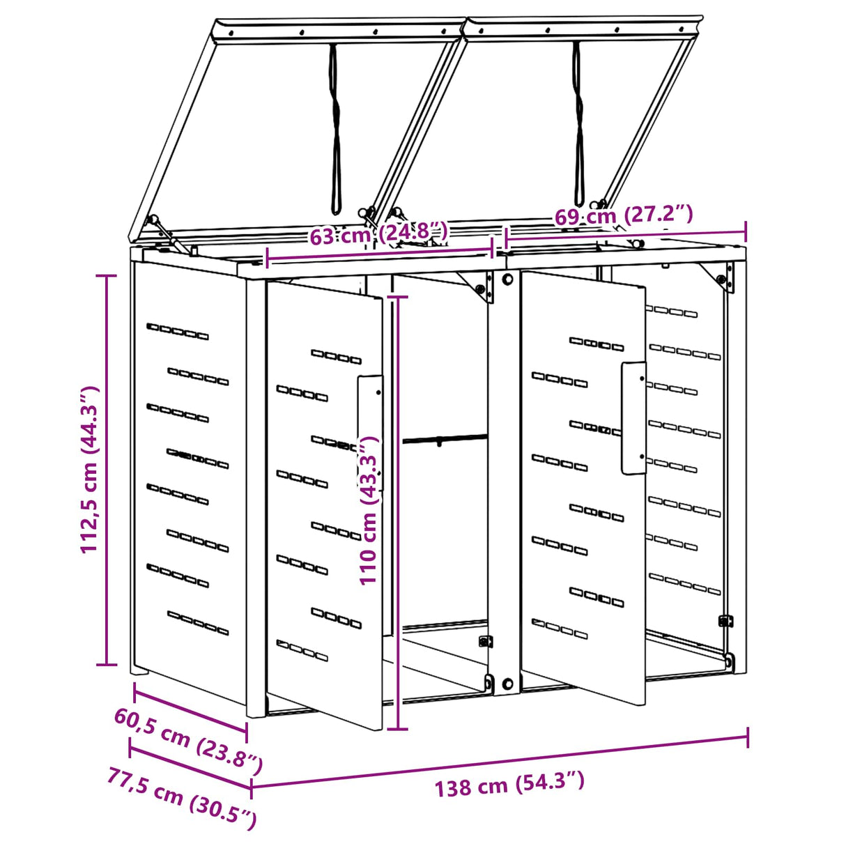 vidaXL Afvalbak Opslag Zwart 138 x 77,5 x 112,5 cm Roestvrij staal