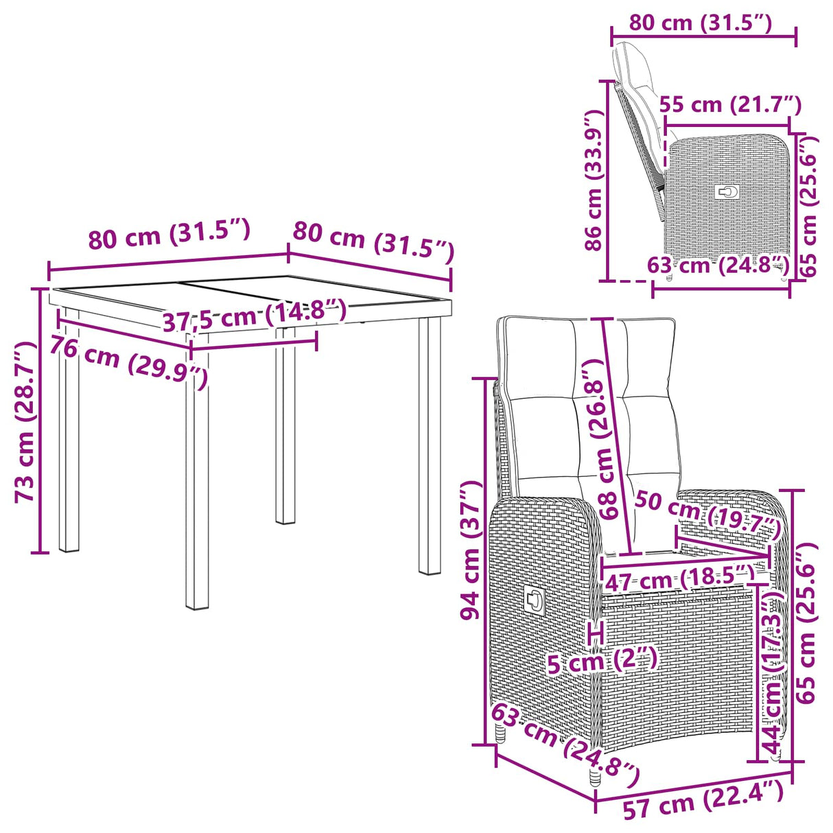 vidaXL Buiten Eettafel Set 3 st Zwart poly rattan
