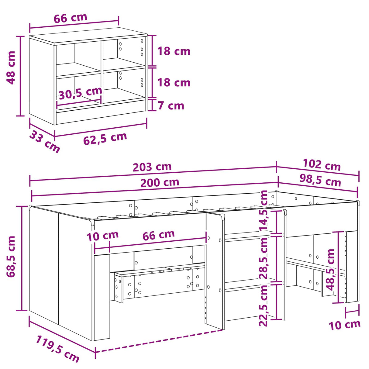 vidaXL Loft Bed Frame with Cabinet with shelf 3 pcs White Engineered wood