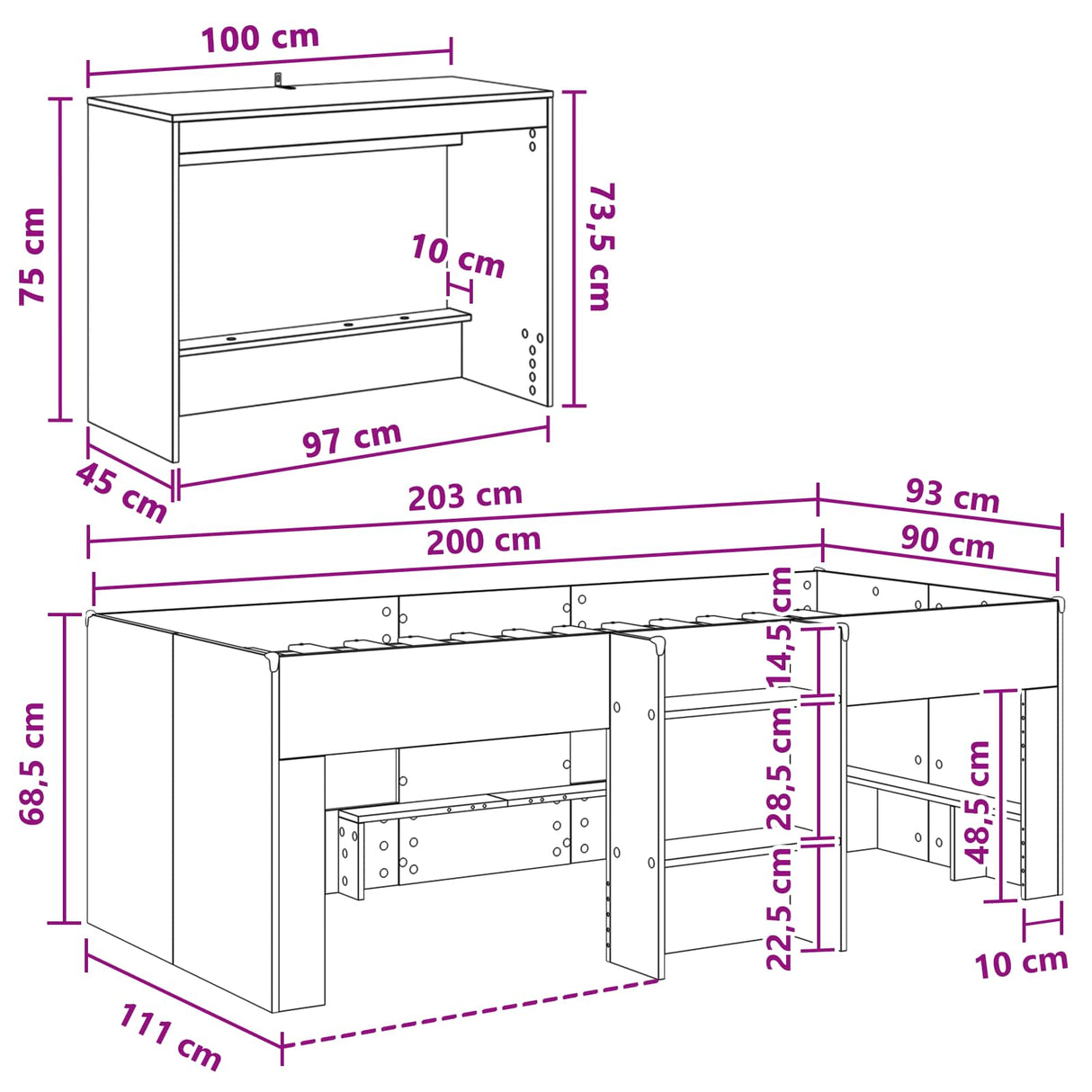 vidaXL Bedframe met Bureau Wit 90 x 200 cm Bewerkt hout