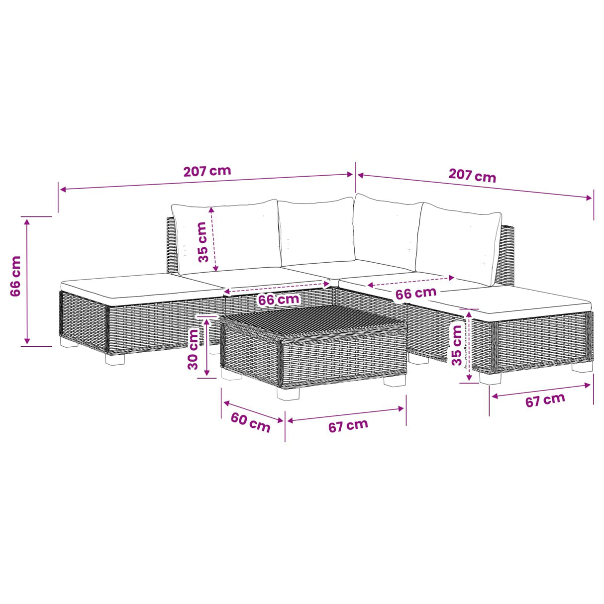 vidaXL 6 st Rieten Loungeset met Kussens GENDT Natuurlijk Riet Naturel