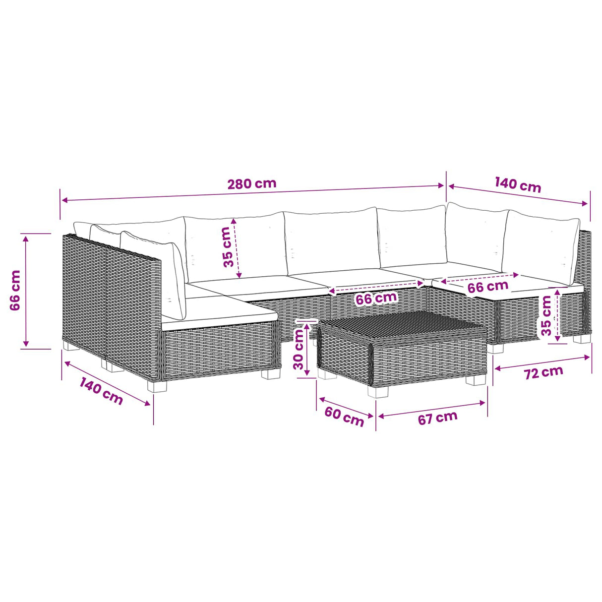 vidaXL 7 st Rieten Loungeset met Kussens GENDT Natuurlijk Riet Naturel